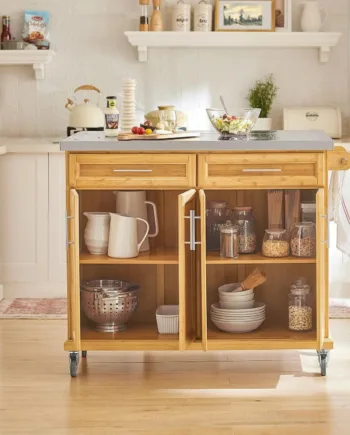 Køkkenø   Bambus På Hjul Med Stålbordplade  B115   D46   H92 Cm
