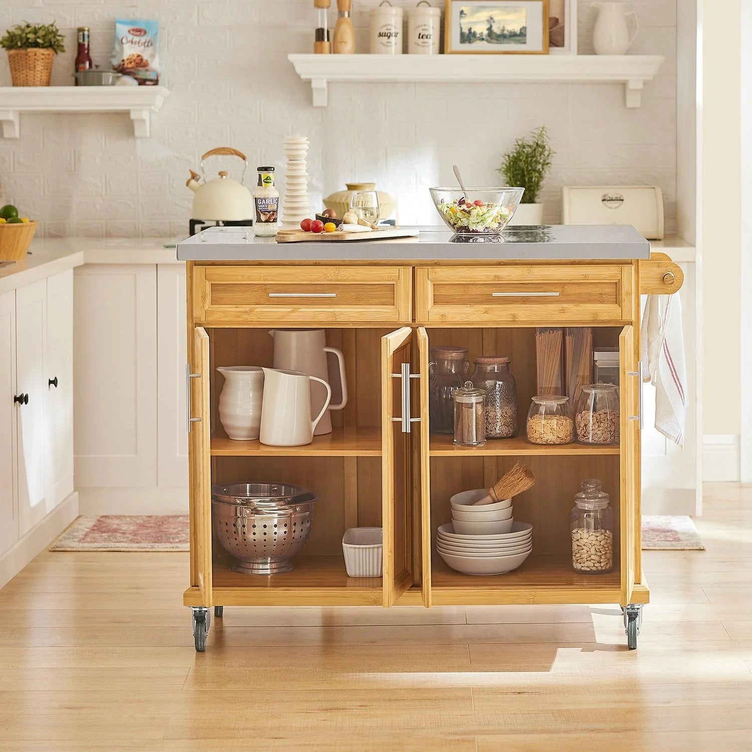 Køkkenø   Bambus På Hjul Med Stålbordplade  B115   D46   H92 Cm