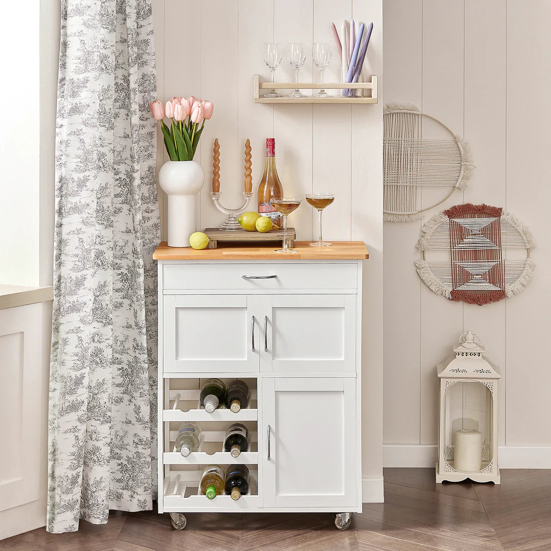 Køkkenvogn   Skandinavisk Look Med Vinreol  67x87x37 Cm  Hvid