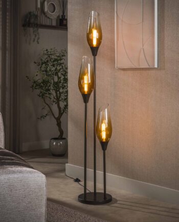 Kubo Gulvlampe Med Tre Brun Farvede Glasskærme  Højde 168 Cm Levering Uden Pære