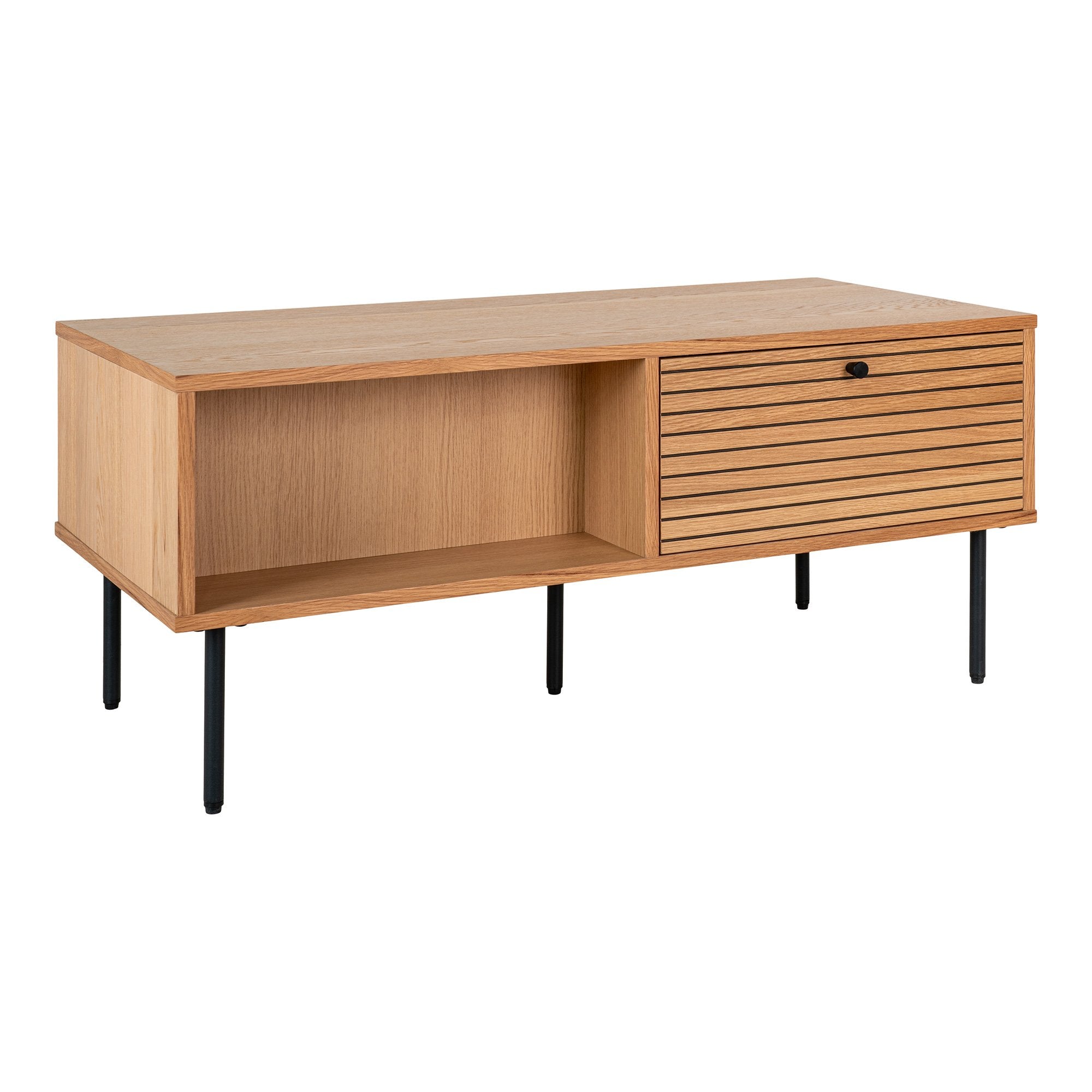 Kyoto Sofabord Sofabord Skuffer Egefiner Natur Sorte Metalben 50x100x45 Cm
