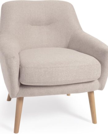 Lænestol Kave Home Candela   Polstret Stol   Beige Stof Med Massivt Bøgetræ  Rustik Kolonial Stil  Bæredygtig