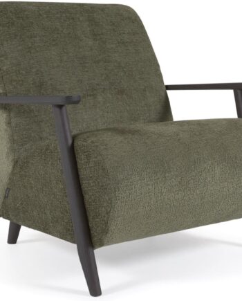Lænestol Kave Home Meghan Polstret Grøn Chenille Med Asketræ Wenge Finish Rustik Kolonial Vintage Stil
