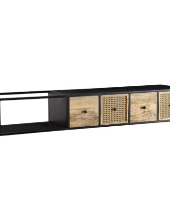 Lowboard Tv-bord Til Væggen  Massivt Træ Og Metal  150x25x35 Cm  Sort Og Naturfarvet
