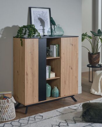 Mdf-skænk   Kommode   Entréskab   Egetræsdekor-look Sort  Japandi Stil  110x125x40 Cm
