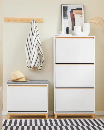 Moderne Skoskab   Hvid Og Bambus 60x34x122 Cm Til Entré Og Soveværelse