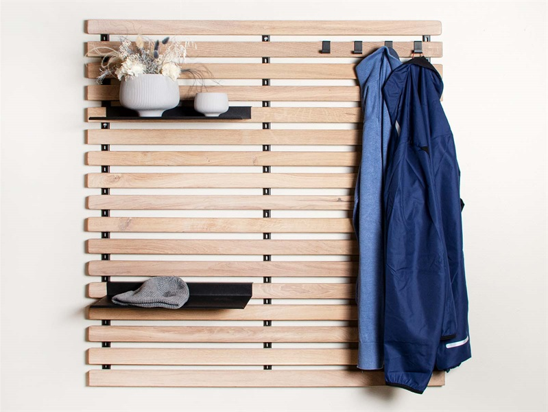 Ophængsløsning House Of Sander 2easy Vægreol Med Hylder Og Kroge Smoked Metal Og Egetræ H100xb98 Cm