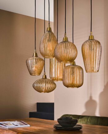 Player Loftlampe Med Syv Forskellige Glaskupler   Ravfarvet Glas Levering Uden Pære