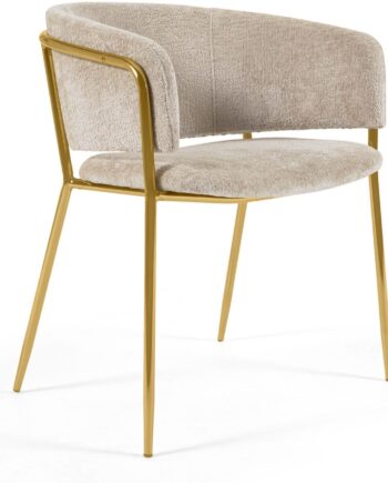 Polstret Spisebordsstol Med Armlæn Kave Home Runnie Beige Chenille Guldfarvet Stel