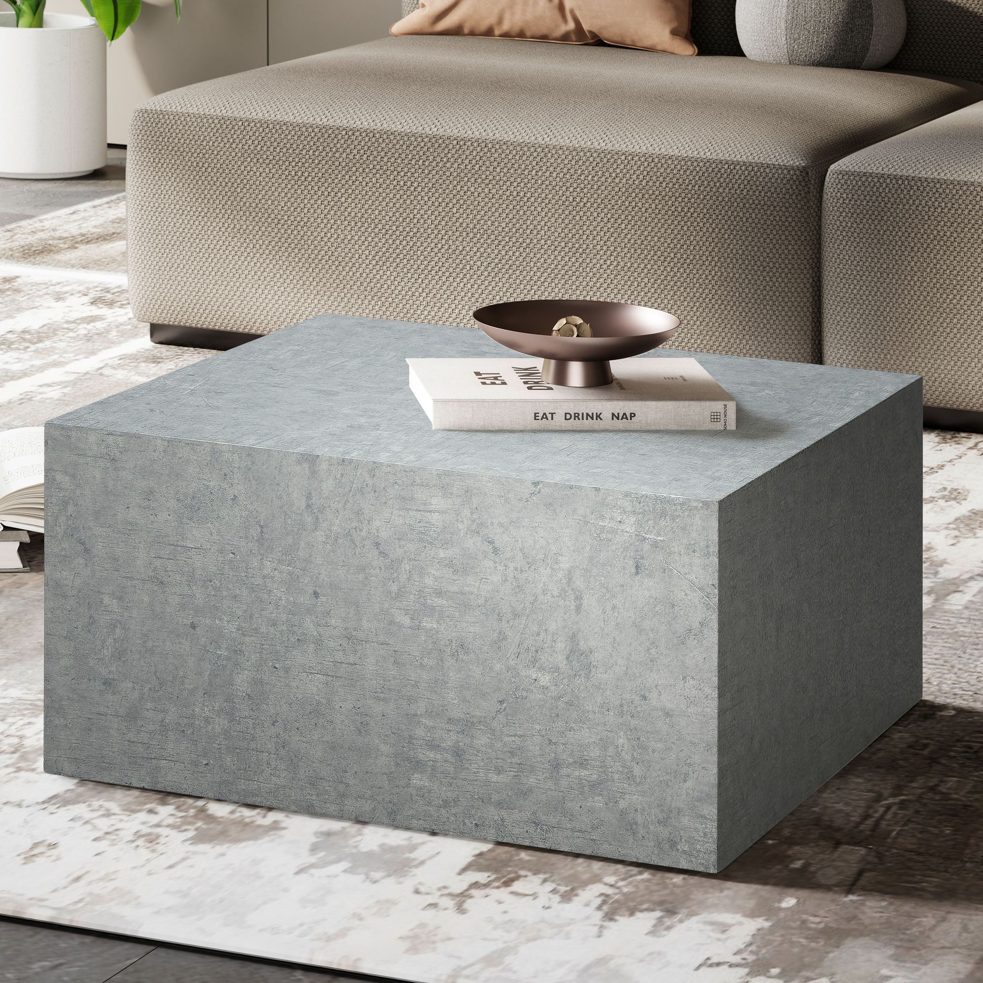 Robust Kubisk Sofabord Råt Betonlook 60x60x30 Cm