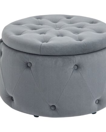 Rund Skammel Med Opbevaringsrum  Quiltet Design Med Knapper  Betræk   Fløjlslook  Grå  60   60   40 Cm