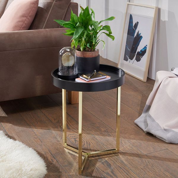 Sidebord Eva  40   51   40 Cm  Sort   Guld   Rundt Bakkebord