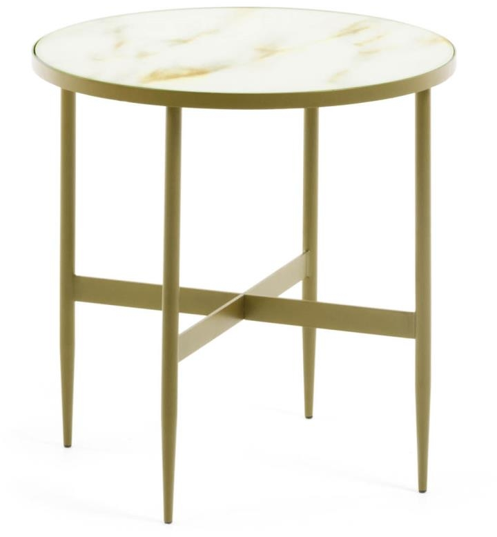 Sidebord Kave Home Elisenda Hærdet Glas Småbord Med Marmorfinish Og Guldstel ø50 Cm