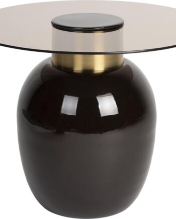 Sidebord Studio White Mohra   Lysgrå Hærdet Glas Med Gulddetalje Og Jernstel ø50   H40 Cm