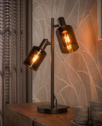 Sienna Bordlampe   Bronzefarvet Metal Og To Brune Glasskærme Levering Med Pære