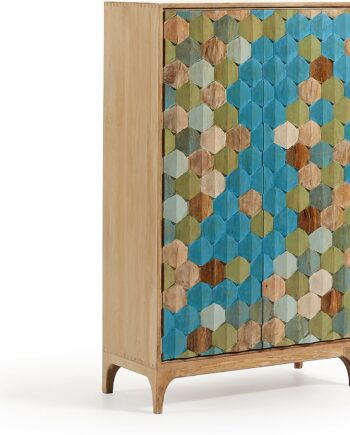 Skab Kyle Fra Kave Home   Massivt Mangotræ Med Håndudskårne Flerfarvede Låger Hxbxd 140x40x85 Cm