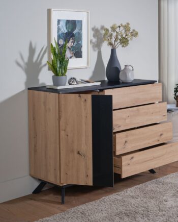 Skænk   Kommode   Egetræsdekor Sort  Japandi-look  110x87x40 Cm