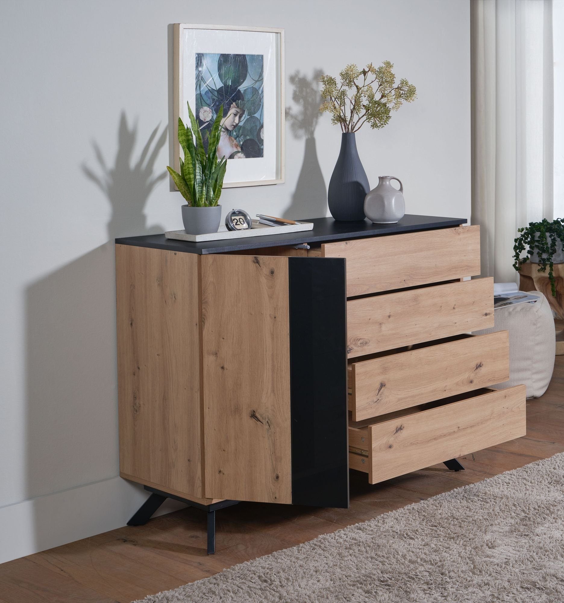 Skænk   Kommode   Egetræsdekor Sort  Japandi-look  110x87x40 Cm