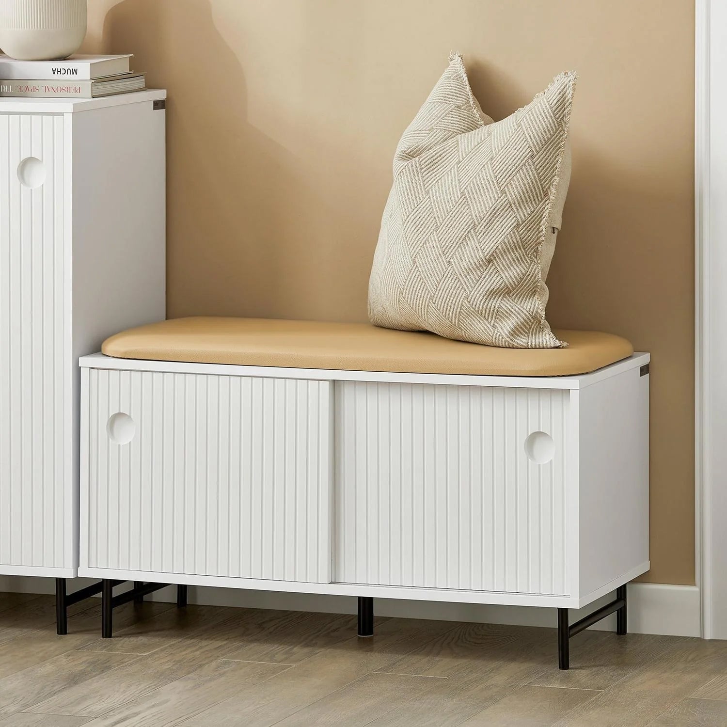 Skobænk Med Polstret Sæde   Skandinavisk Look  85x37x49 Cm  Hvid