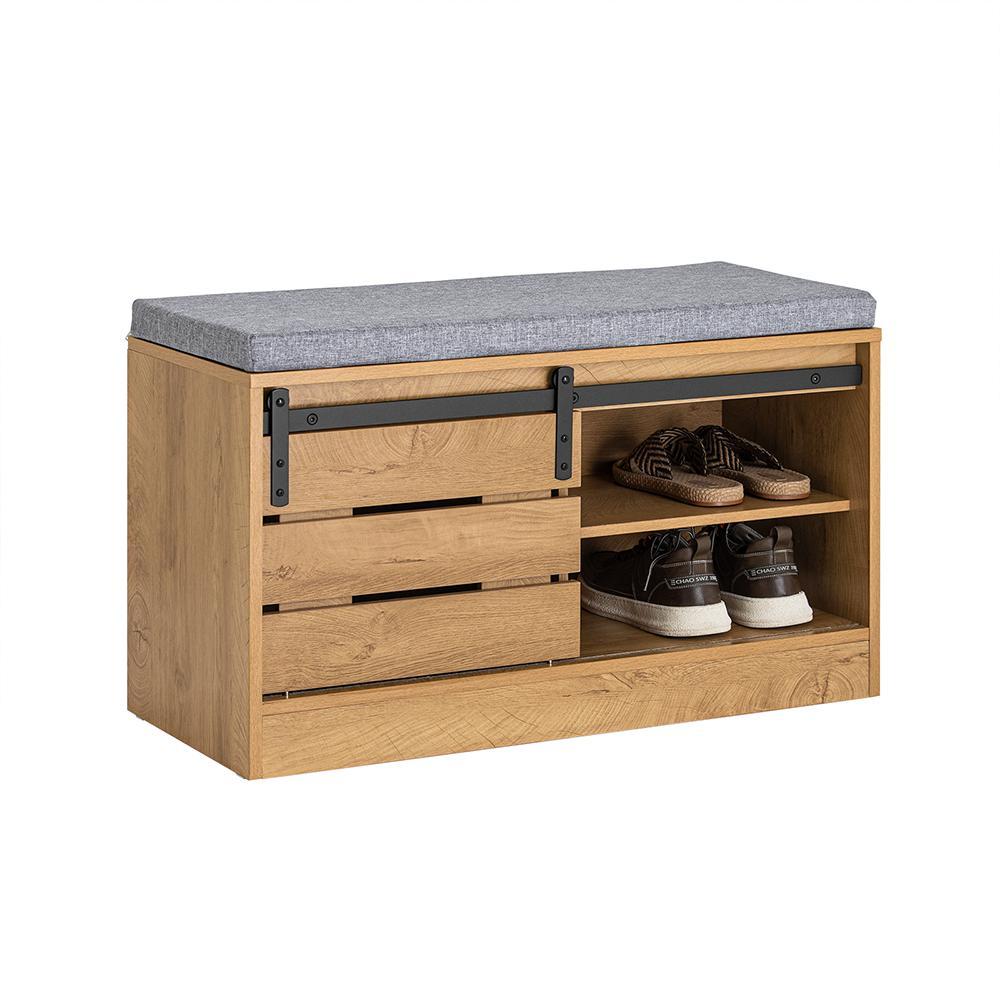 Skobænk Med Skydedør  80x35x48 Cm  Naturfarvet Med Grå Sæde