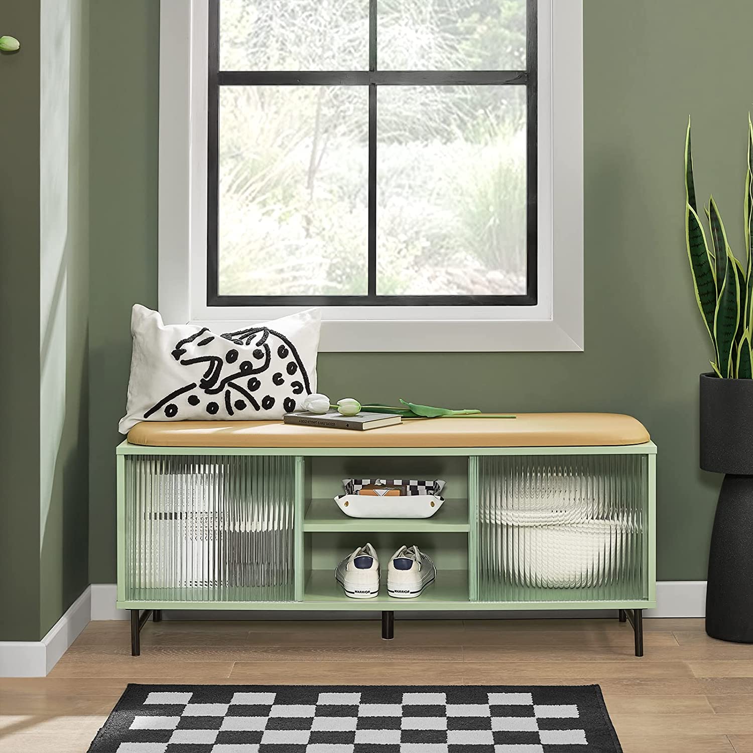 Skobænk Med Skydedøre   Glas  110x34x46 Cm  Fås   Grøn Og Hvid  Grøn
