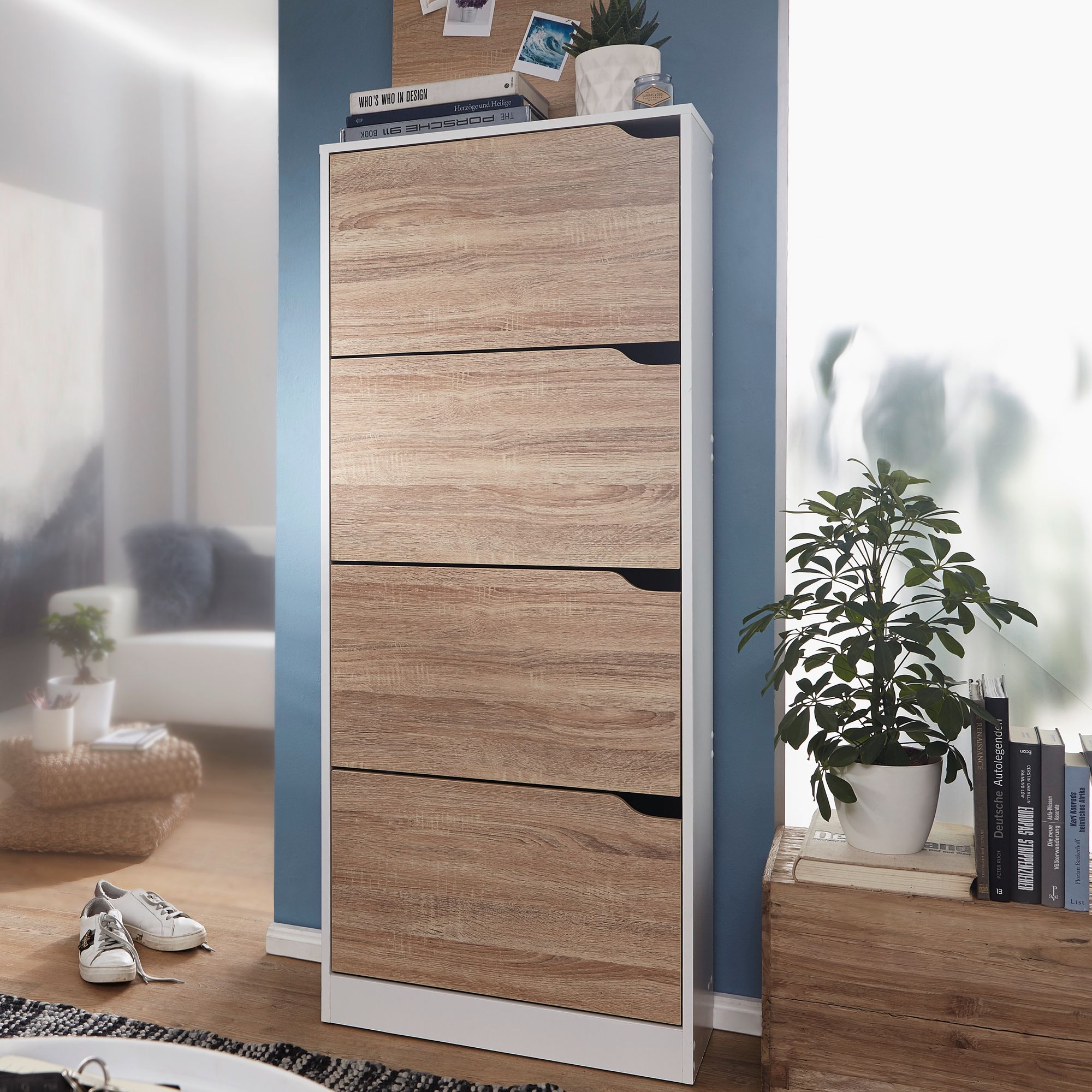 Skoskab Med Vipperum Til 24 Par Sko  60x150x24 Cm  Naturfarvet Og Hvid