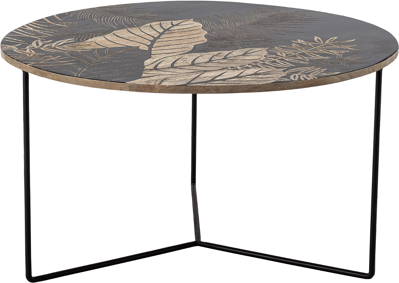 Sofabord Creative Collection Lac   Sortbejdset Mangotræ Med Håndskåret Bladmotiv 80x80 Cm H45