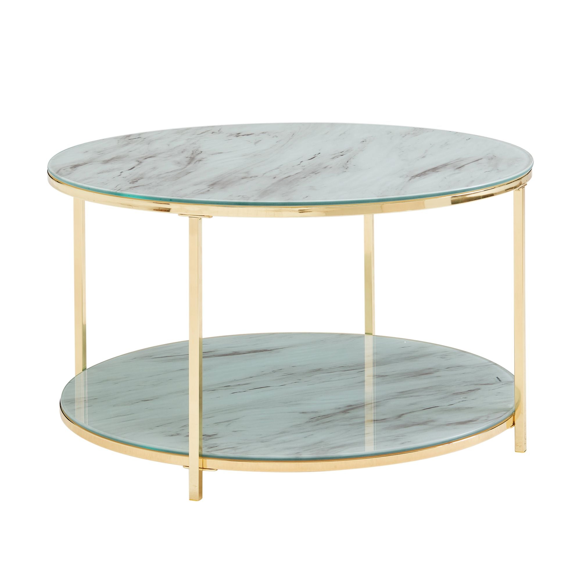 Sofabord   Glas Medmarmor-look  80x80x45 Cm  Hvid Guldfarvet