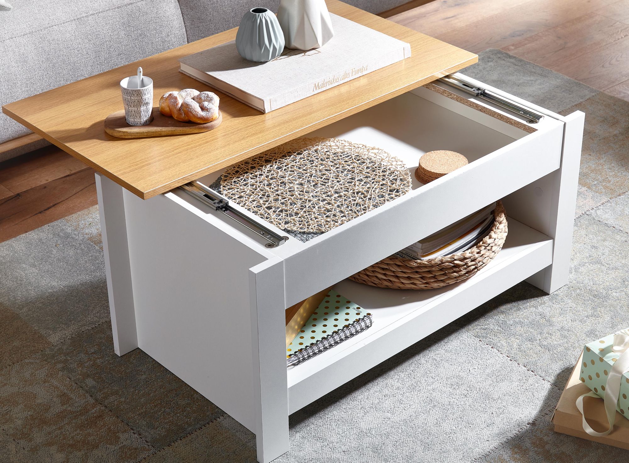 Sofabord   Hvid Og Natur Med Moderne Design  85   47   45 Cm