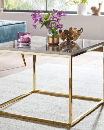 Sofabord   Marmor-look  60x60x45 Cm  Hvid Med Guldfarvet Stel