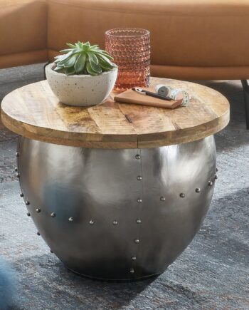 Sofabord   Massivt Træ   Metal  60x43x60 Cm  Industrielt Look  Natur- Og Sølvfarvet