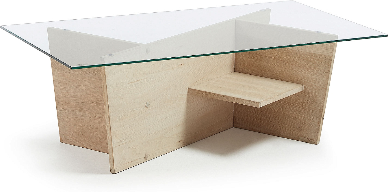 Sofabord Kave Home Brooke Moderne Design Med Massiv Glasplade Hvide Egetræsben Og Hylder Til Opbevaring 110x60x36 Cm