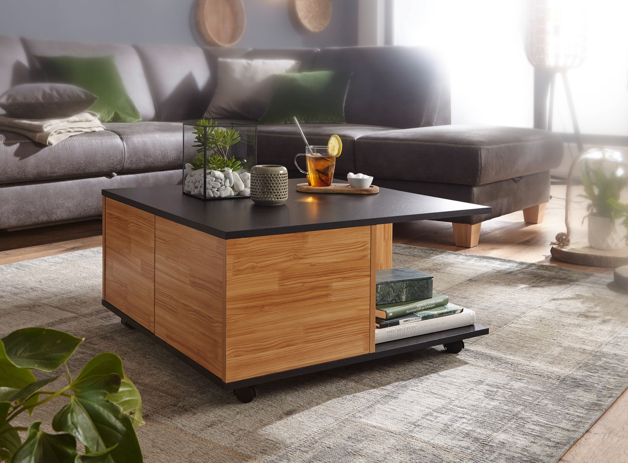 Sofabord Med   Skuffer  70x70 Cm Antracit   Sand Eg