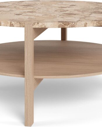 Sofabord Signature Dalvik ø80 H40 Cm  Mat Latte Marmortop  Hvidpigmenteret Olieret Egefiner  Rund Hylde