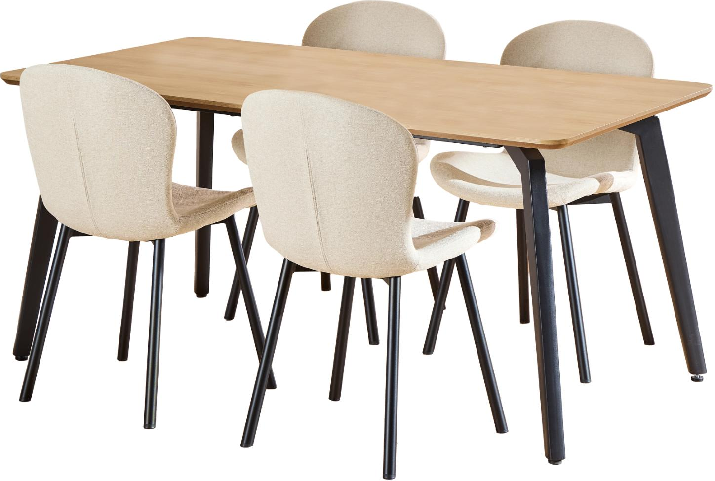Spisebordssæt Signature Cavo   Rektangulært Bord 160x90 Cm    Stole  Eg-look Bordplade  Apia Stof Beige  Mat Sort Stel