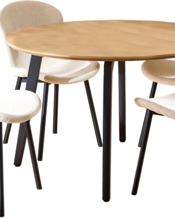 Spisebordssæt Signature Cavo Rund ø120 Cm    Pers  Eg-look Melamin Bord  Polstrede Stole   Apia Stof Beige  Mat Sort Stel