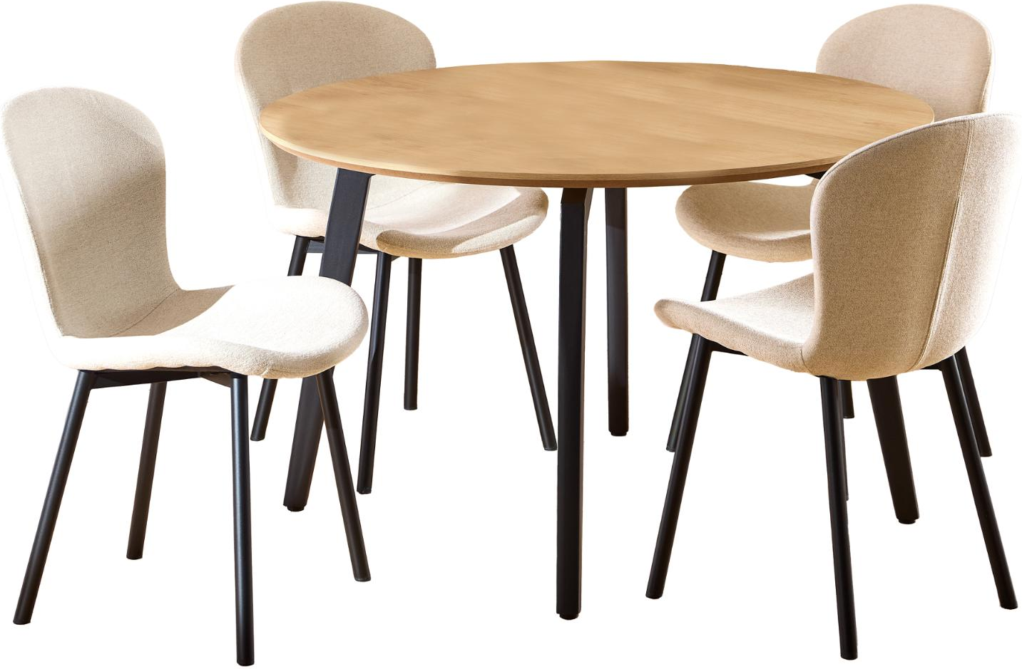 Spisebordssæt Signature Cavo Rund ø120 Cm    Pers  Eg-look Melamin Bord  Polstrede Stole   Apia Stof Beige  Mat Sort Stel