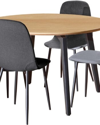 Spisebordssæt Signature Cavo   Rundt Bord ø120 Cm    Polstrede Stole  Eg-look Melamin  Mørkegrå Nesia-stof  Mat Sort Stel