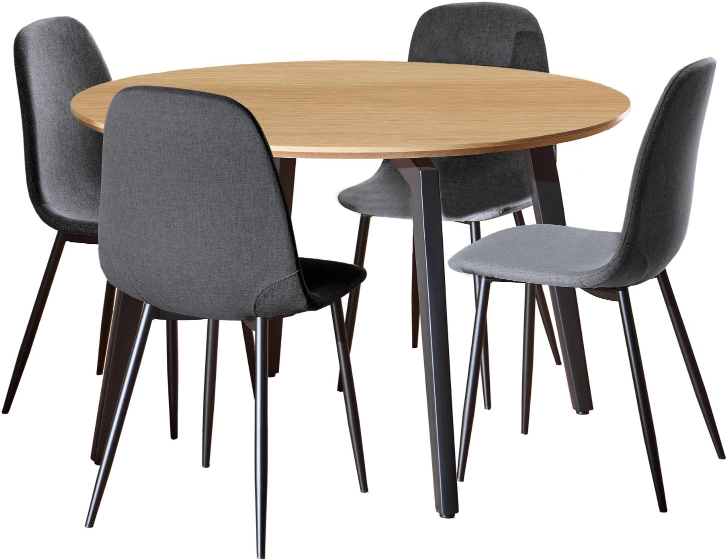 Spisebordssæt Signature Cavo   Rundt Bord ø120 Cm    Polstrede Stole  Eg-look Melamin  Mørkegrå Nesia-stof  Mat Sort Stel
