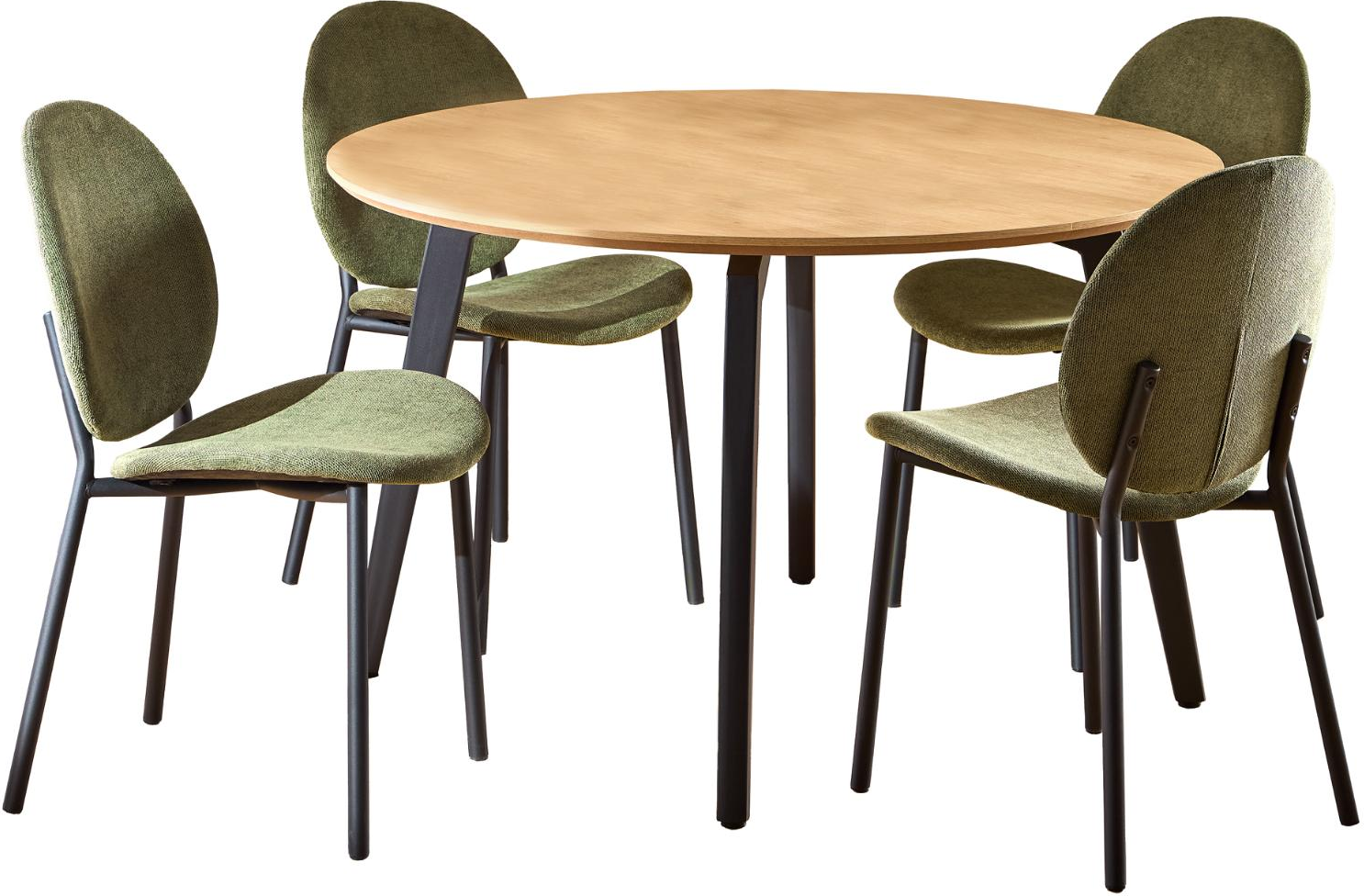 Spisebordssæt Signature Cavo Rundt ø120 Cm  Eg-look Bordplade    Skovgrønne Stofstole  Mat Sort Stel