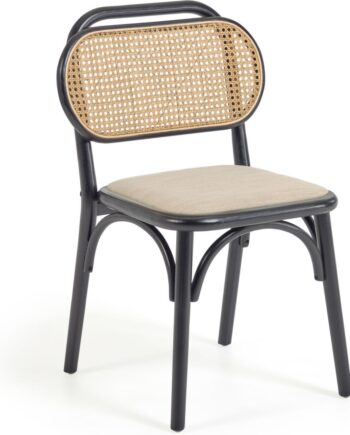 Spisebordsstol Kave Home Doriane   Sort Elmetræ Med Mat Lakfinish  Flettet Rattanryglæn Og Polstret Linned-look Sæde
