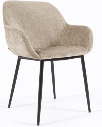 Spisebordsstol Med Armlæn Kave Home Konna Beige Polstret Shaggy Chenille Vintage Industriel