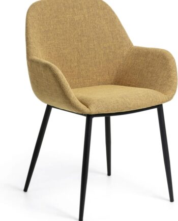 Spisebordsstol Med Armlæn Kave Home Konna Vandafvisende Chenillepolstret Sennep Sort Stålben Nordisk Design