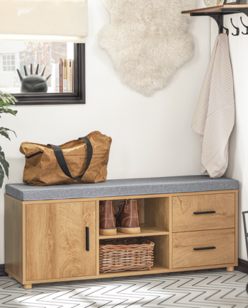 Stilren Skobænk   Japandi-look  110x35x47 Cm  Naturfarvet Med Grå Hynde