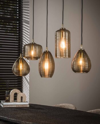 Teguise Loftlampe Med Fem Håndlavede Lampeskærme   Røgfarvet Brunt Glas Levering Uden Pære