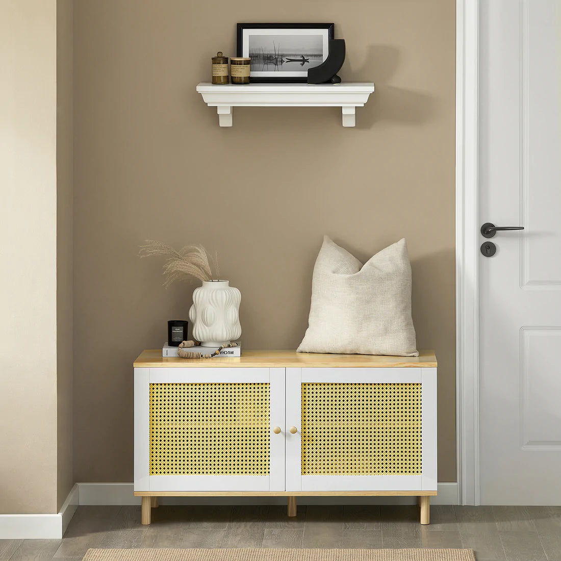 Trendy Skobænk Med Skab Og Hylder Og Døre   Rattan  100   40   54 Cm