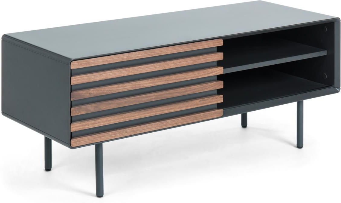 Tv-bord Kave Home Kesia Sort Natur  Moderne Vintage Mat Grafitlakeret Mdf Med Valnøddefiner Og Stålben  Kabelstyring  Soft-close  120x45x48   Cm