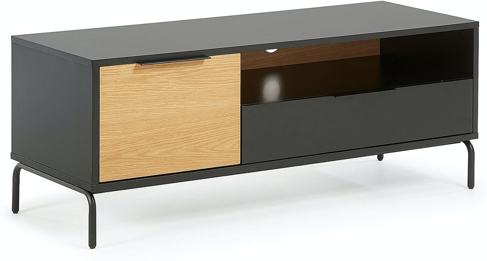 Tv-bord Kave Home Stellar  Sort Natur  120x45x50 Cm Med Hylder   Skuffer   Mdf Stål Moderne Design