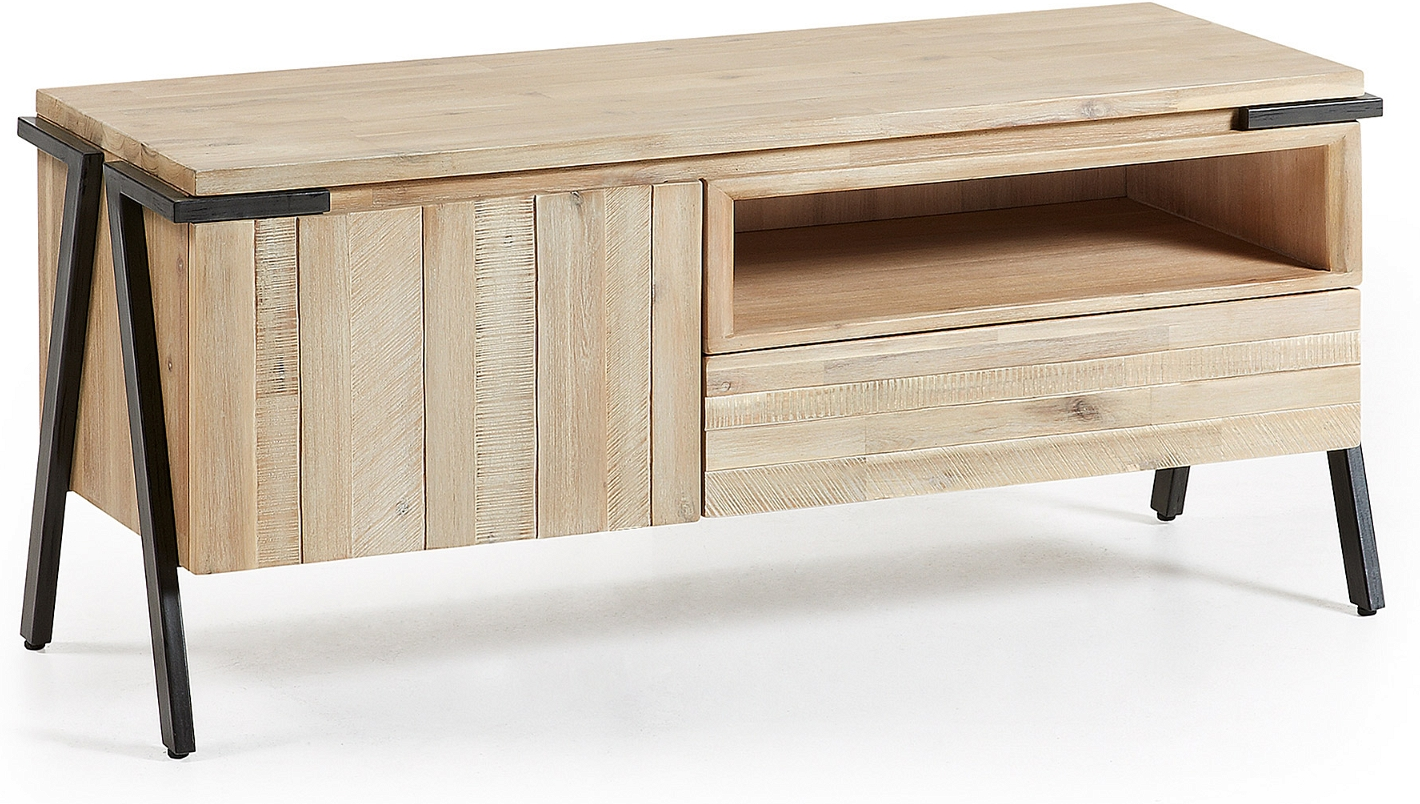 Tv-bord Kave Home Thinh Industrielt Rustikt Massivt Akacietræ Natur Sort Med Opbevaring H53xb125xd45 Cm