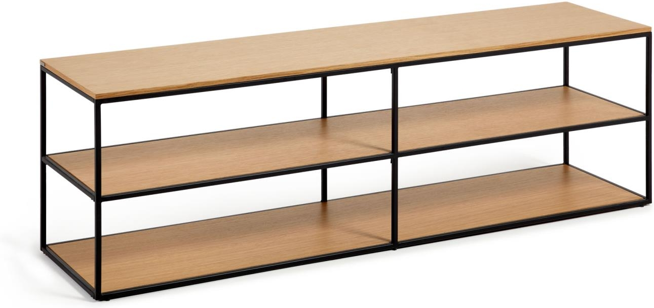 Tv-bord Tv-møbel Kave Home Yoana   Fineret Egetræ Og Mat Sort Metalramme 160x40x50 Cm Nordisk Design Med To Hylder